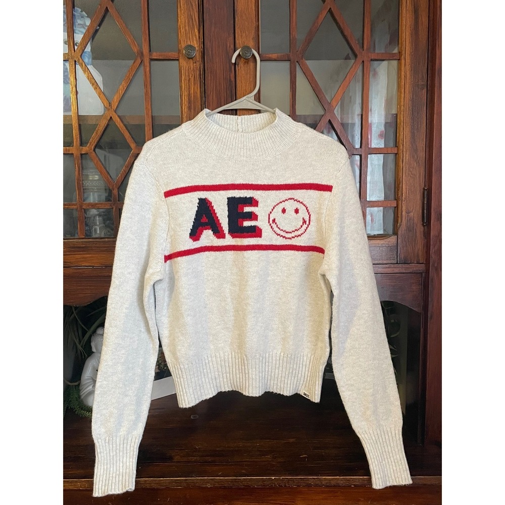 American Eagle Outfitters Gray AE‎ Smiley Face Mock Neck Sweater Size Large New - Picture 2 of 6